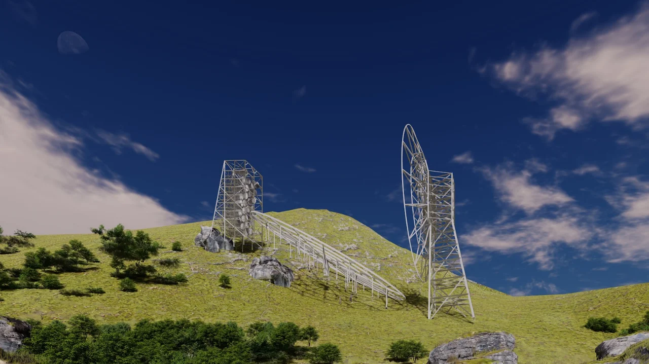 Artistic image of the BINGO radio telescope installed in the Urubu mountain range, Paraíba, Brazil.