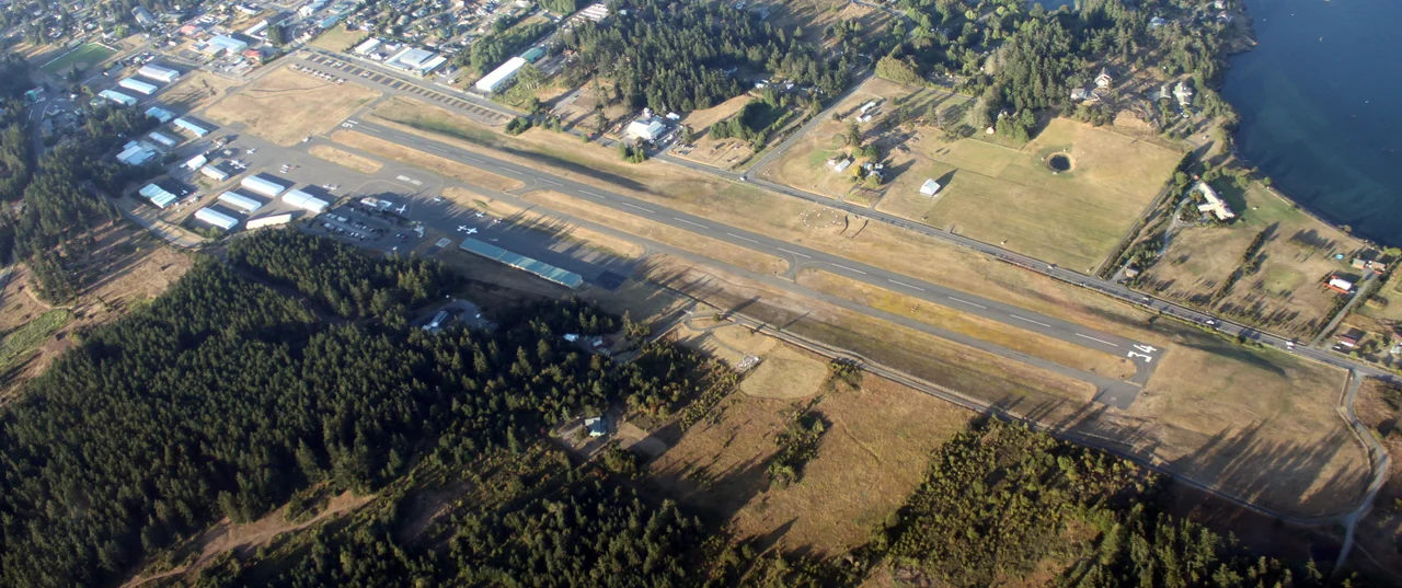 An aerial view of the airport in Friday Harbor, Washington.