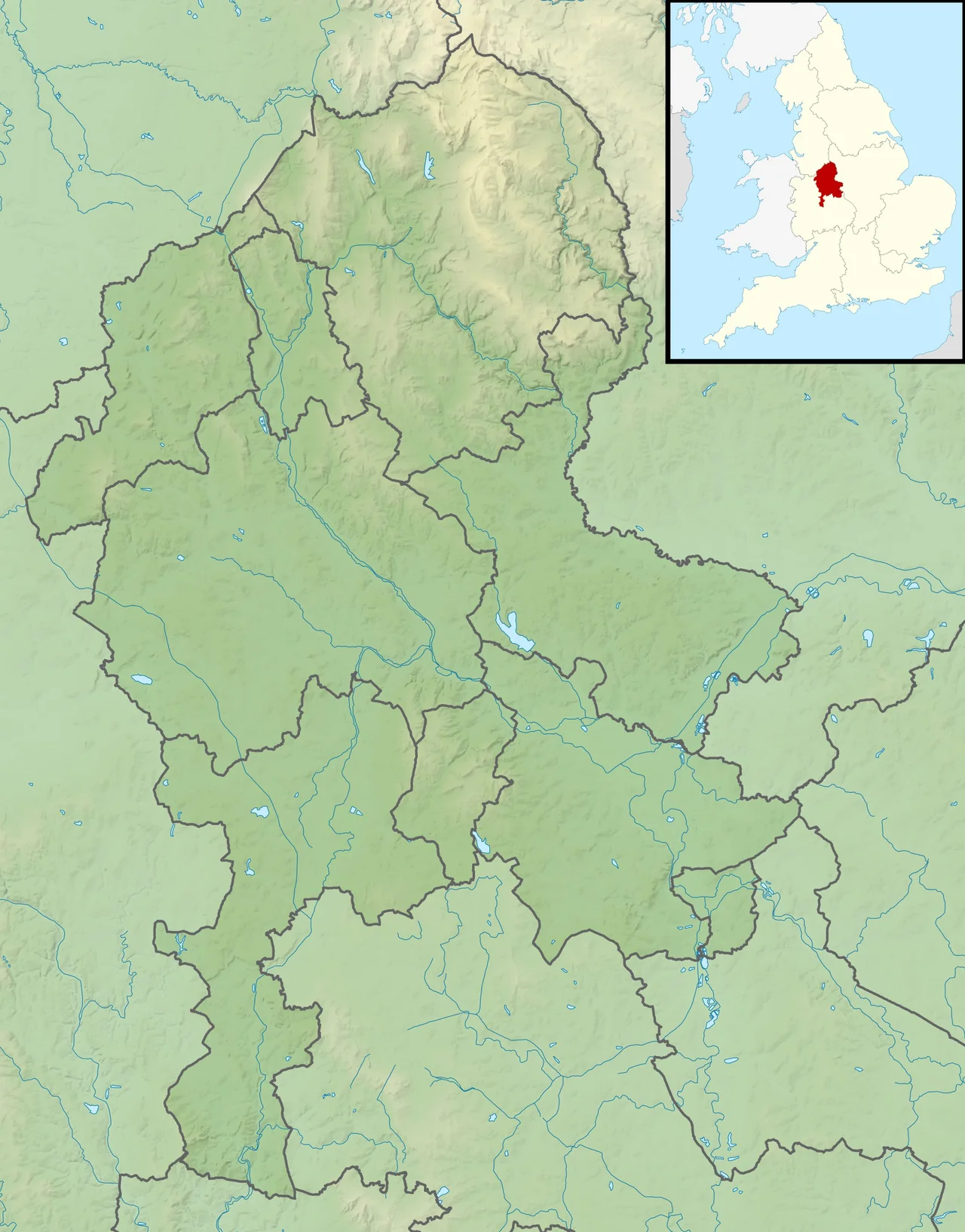 Relief map of Staffordshire, UK.
Equirectangular map projection on WGS 84 datum, with N/S stretched 165%
Geographic limits:

West: 2.50W
East: 1.40W
North: 53.25N
South: 52.40N