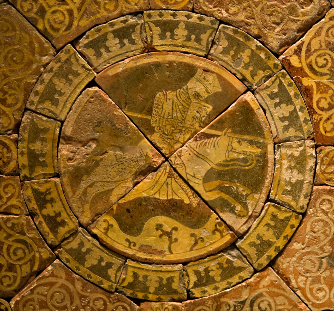 Tiles depicting Richard I of England, part of a set also including Saladin, now in the British Museum. Tag on exhibit states: "Tiles showing Richard and Saladin." and "About 1250-60, Chertsey, England, Earthenware, lead-glazed. PE 1885,1113.9051-60;9065-70 Given by Dr. H. M. Shurlock." See BM database entry for more details.
