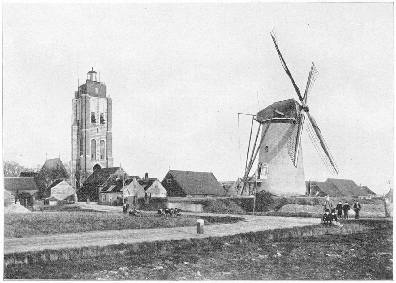 The tower and windmill of Goedereede, Netherlands.
The picture is scanned from a magazine "Op de hoogte, maandschrift voor de huiskamer" from 1910, but the picture itself might be taken in 1909.
The photographer is "H.L. Vogel", and he was photographer and was publisher in Goedereede.
He has made more photo's from the same spot in other years.