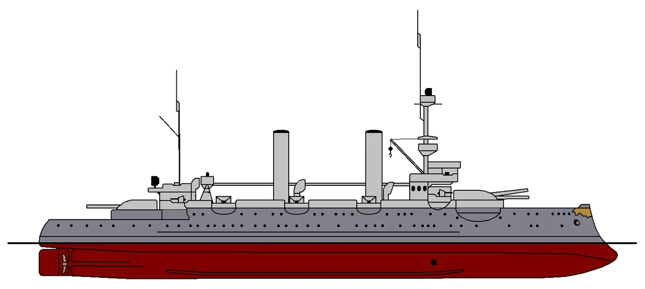 Seitenriss des deutschen Küstenpanzerschiffs SMS Hagen im Zustand von 1910 mit der ab 1895 gültigen Farbgebung von steuerbord.