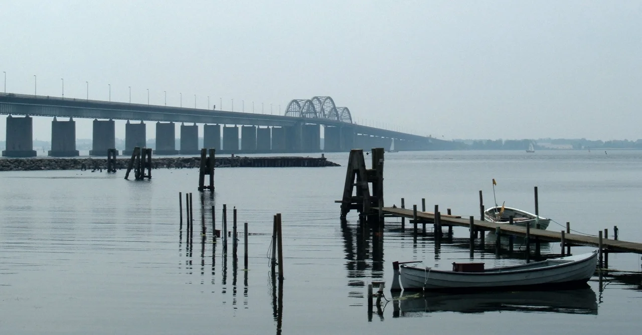 Storstrøm bridge connecting the island of Masnedø with the larger island of Falster in south east Denmark. From Masnedø, the Masnedsund bridge continues to Zealand. View of bridge from Masnedø shore. Taken by contributor, July 2006.